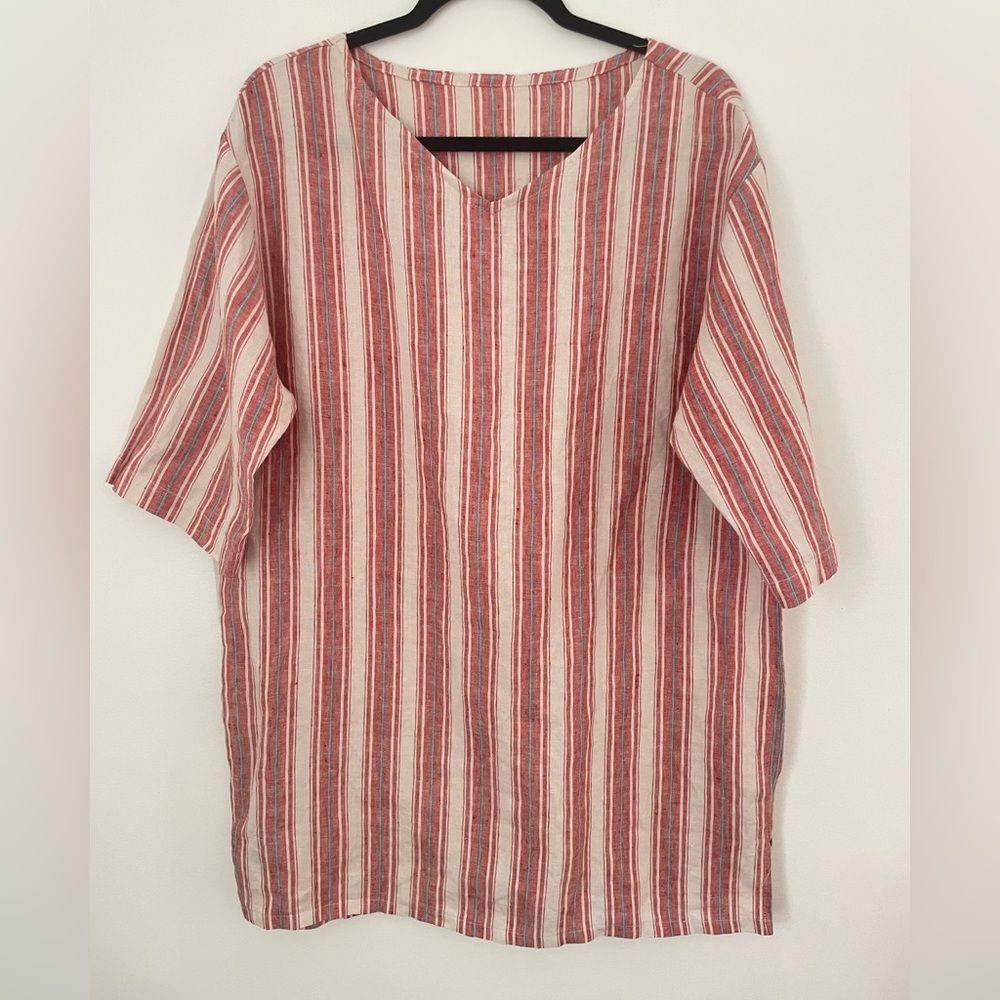 Bryn Walker Womens Vertical Striped Oversized 100% Linen Tunic Top size small